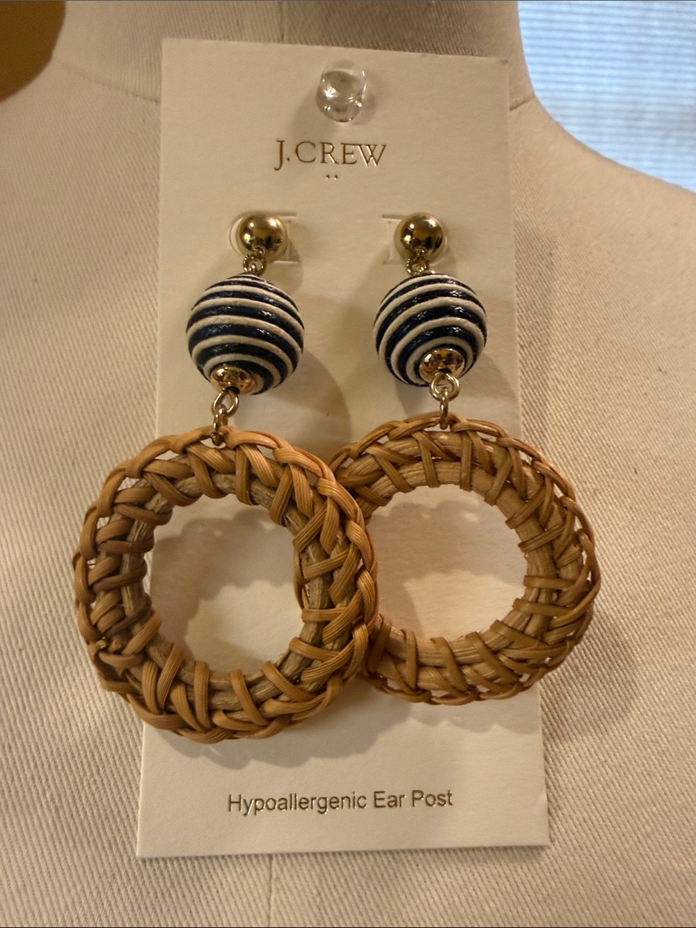 J. Crew Factory Navy & White Striped Bead with Natural Woven Hoop Earrings